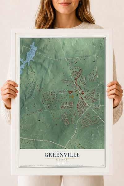 Map of Greenville, Delaware, 18 x 24 inch print in a white wood frame