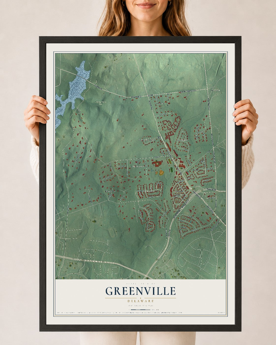 Map of Greenville, Delaware, 24 x 36 inch print in a black wood frame