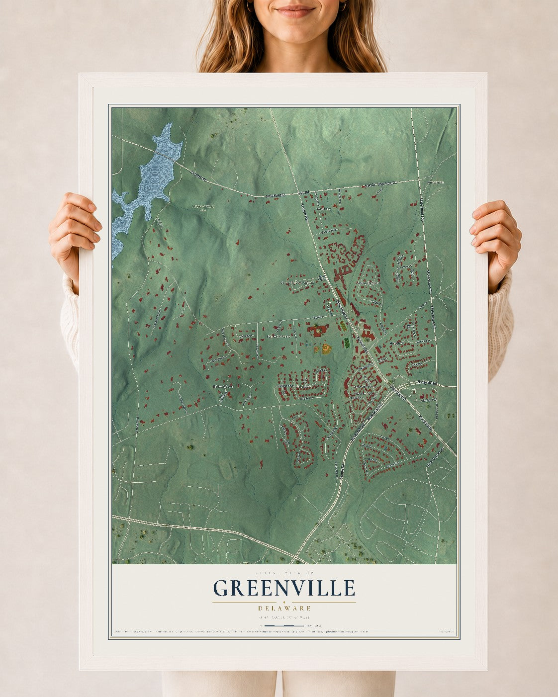 Map of Greenville, Delaware, 24 x 36 inch print in a white wood frame