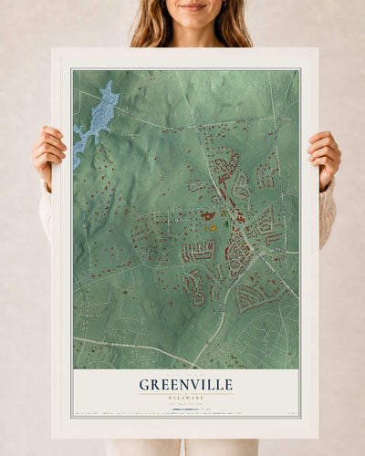 Map of Greenville, Delaware, 24 x 36 inch print in a white wood frame