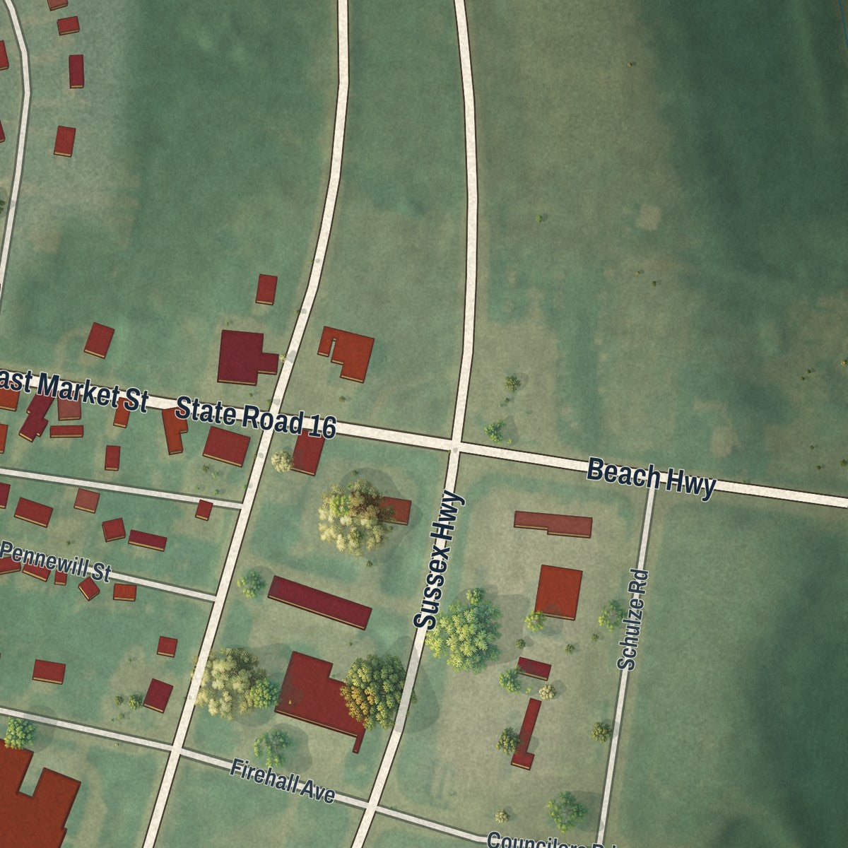Second close-up of the map of Greenwood, Delaware print showing more streets and buildings