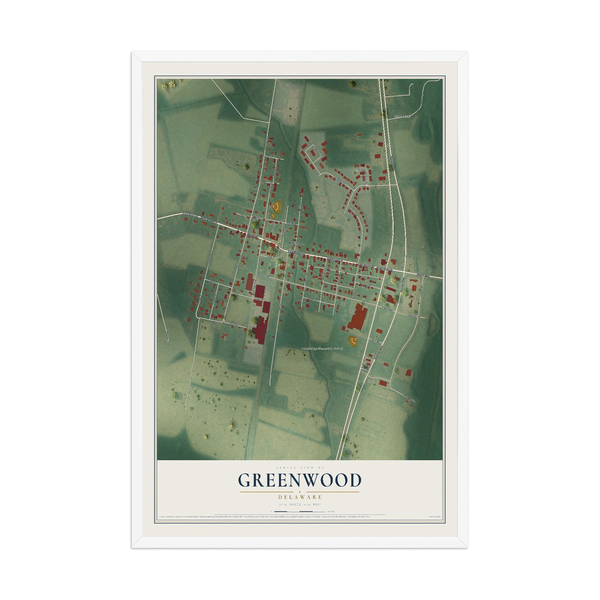 Map of Greenwood, Delaware, 12 x 18 inch print in a white wood frame