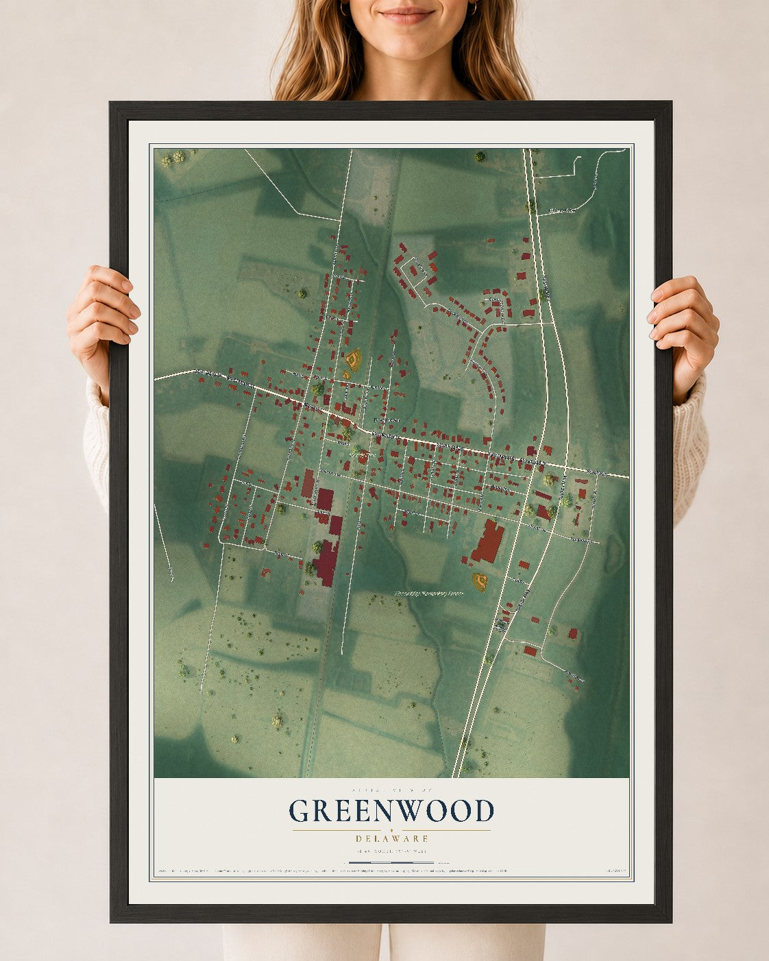 Map of Greenwood, Delaware, 24 x 36 inch print in a black wood frame