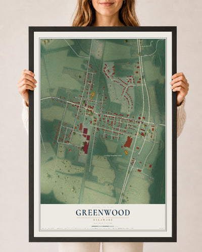 Map of Greenwood, Delaware, 24 x 36 inch print in a black wood frame