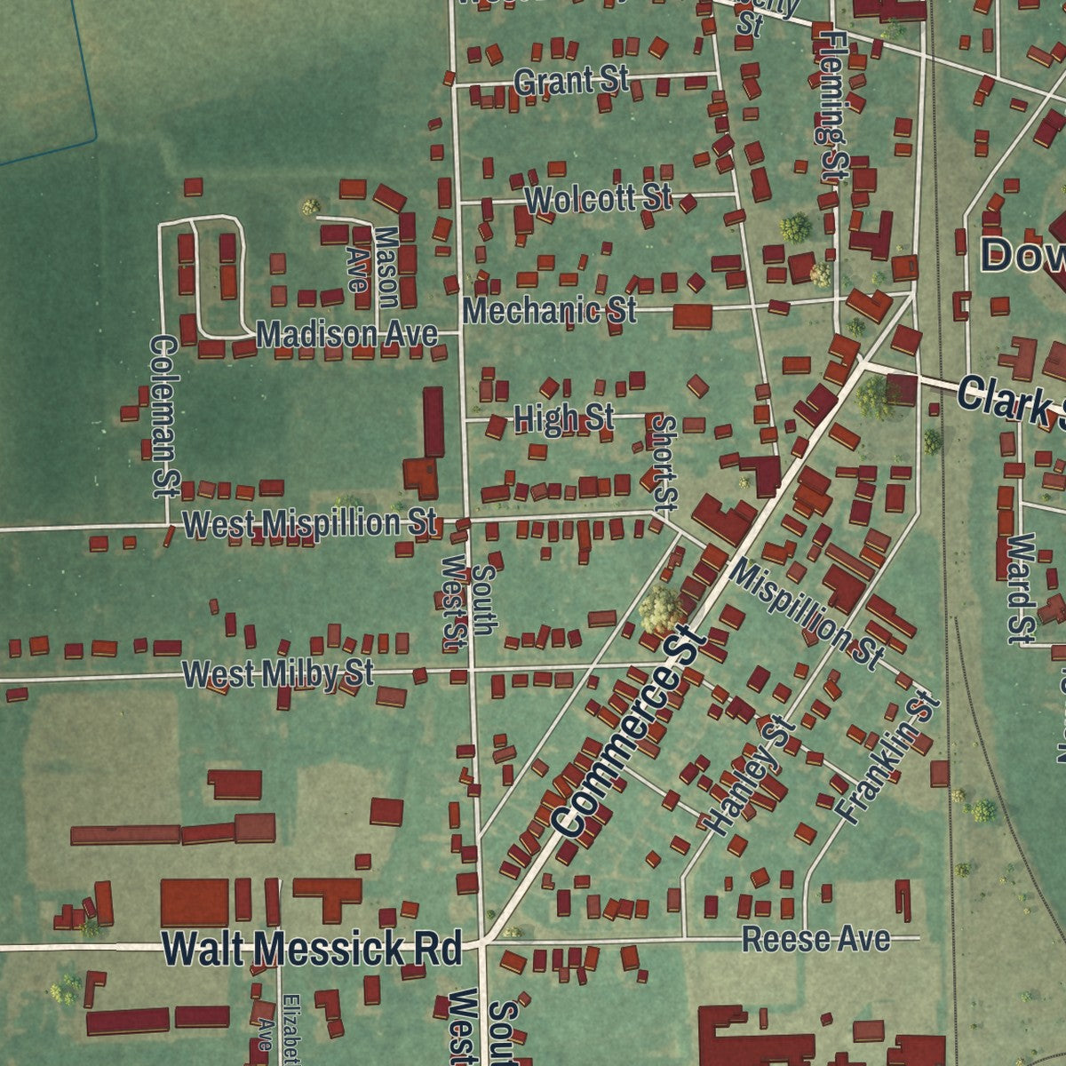 Close-up of the map of Harrington, Delaware print showing street and building detail