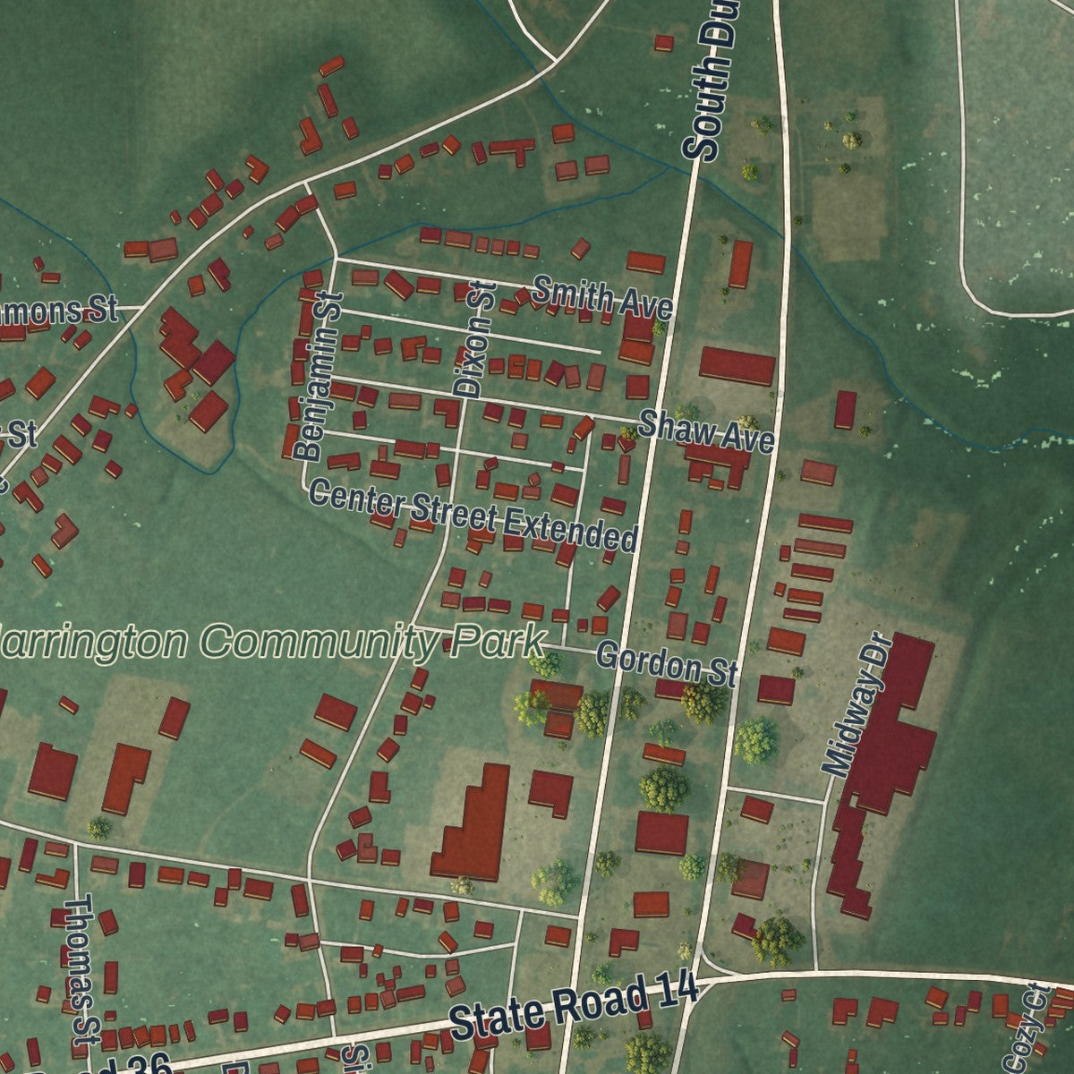 Second close-up of the map of Harrington, Delaware print showing more streets and buildings