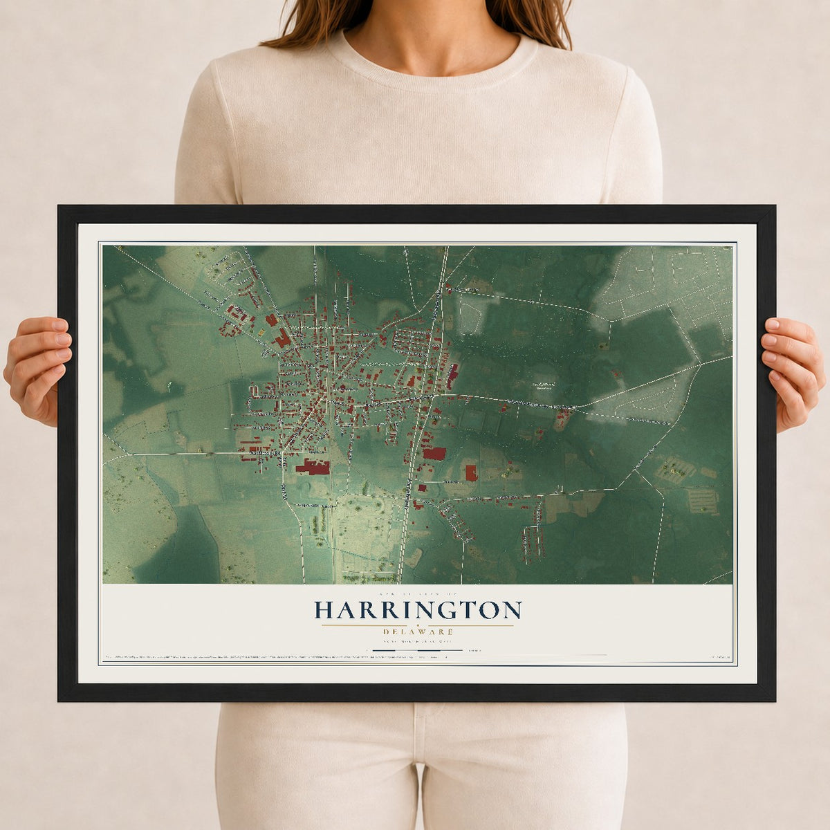 Map of Harrington, Delaware, 12 x 18 inch print in a black wood frame