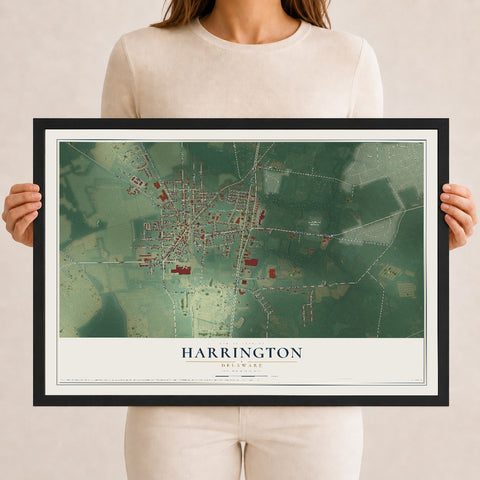Map of Harrington, Delaware, 12 x 18 inch print in a black wood frame