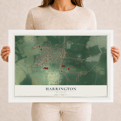 Map of Harrington, Delaware, 12 x 18 inch print in a white wood frame