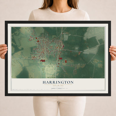 Map of Harrington, Delaware, 18 x 24 inch print in a black wood frame