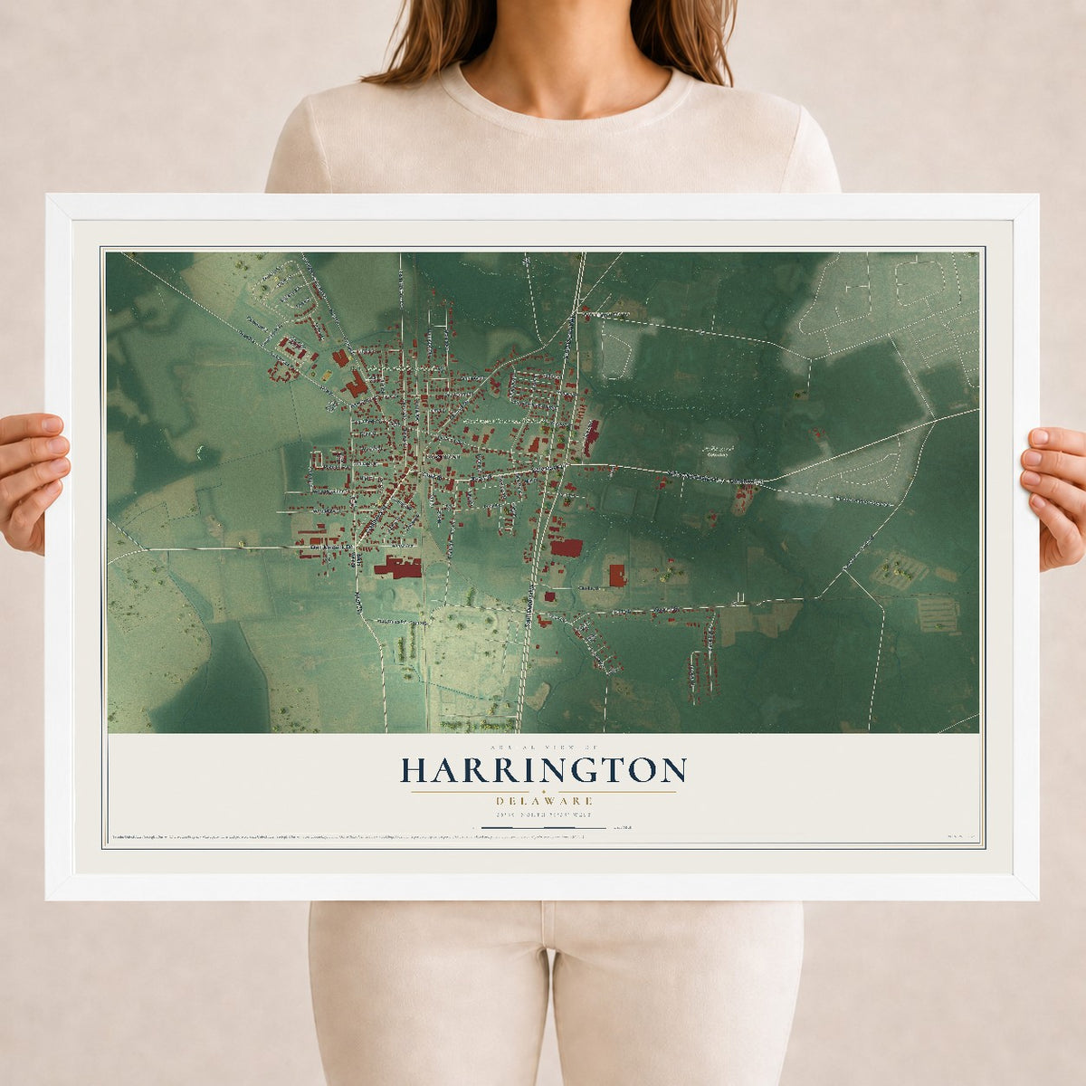 Map of Harrington, Delaware, 18 x 24 inch print in a white wood frame