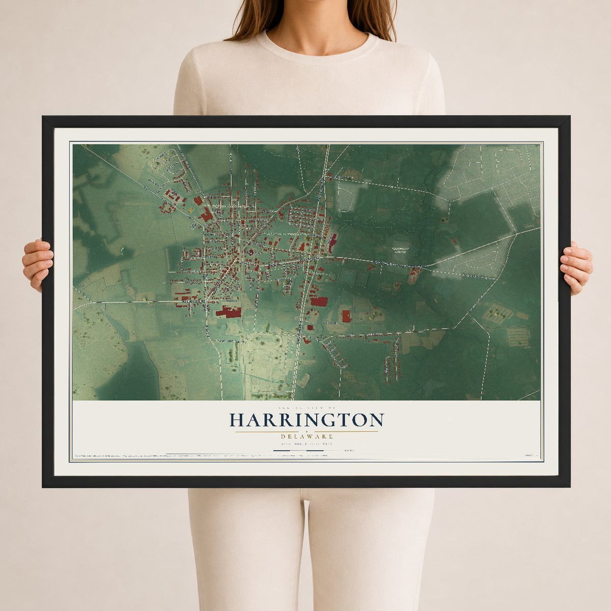 Map of Harrington, Delaware, 24 x 36 inch print in a black wood frame