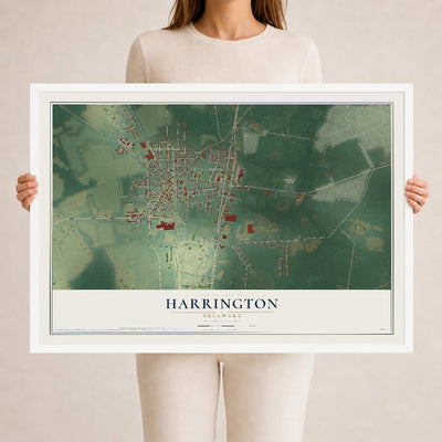 Map of Harrington, Delaware, 24 x 36 inch print in a white wood frame