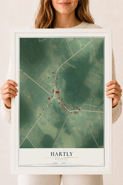 Map of Hartly, Delaware, 18 x 24 inch print in a white wood frame