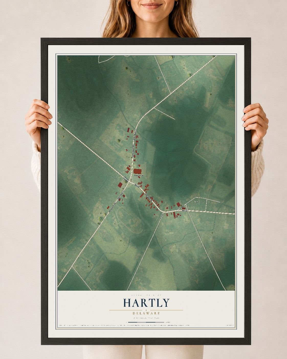 Map of Hartly, Delaware, 24 x 36 inch print in a black wood frame