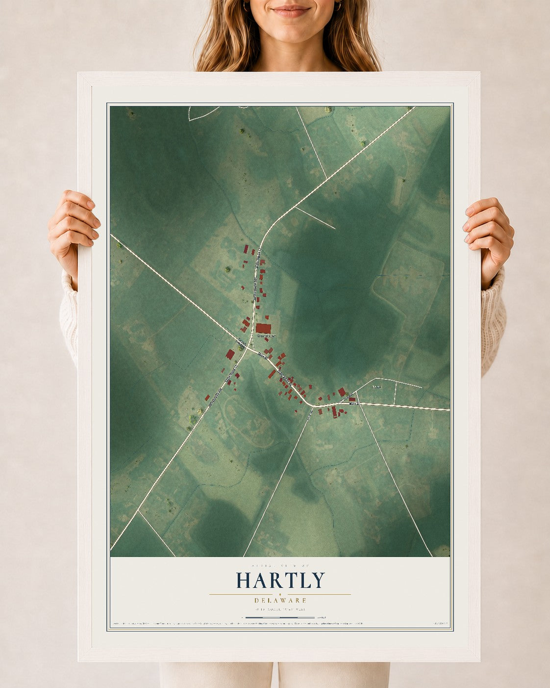 Map of Hartly, Delaware, 24 x 36 inch print in a white wood frame