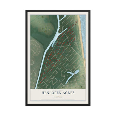 Map of Henlopen Acres, Delaware, 12 x 18 inch print in a black wood frame