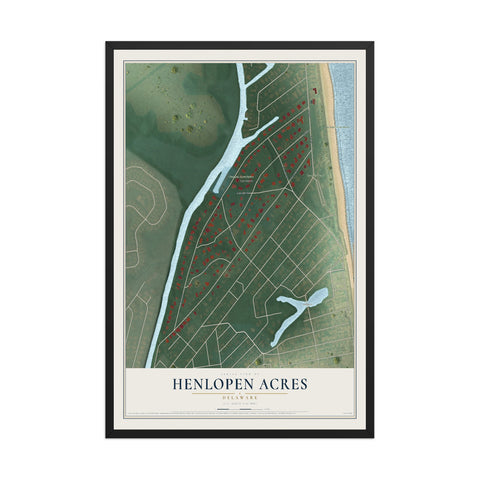 Map of Henlopen Acres, Delaware, 12 x 18 inch print in a black wood frame