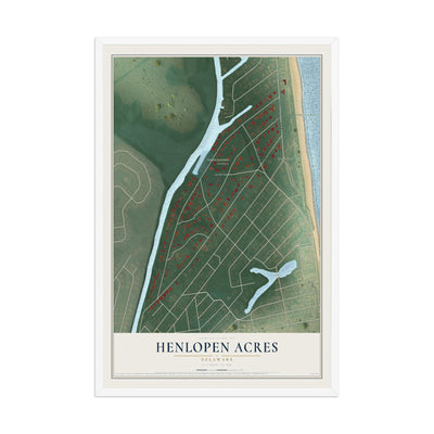 Map of Henlopen Acres, Delaware, 12 x 18 inch print in a white wood frame