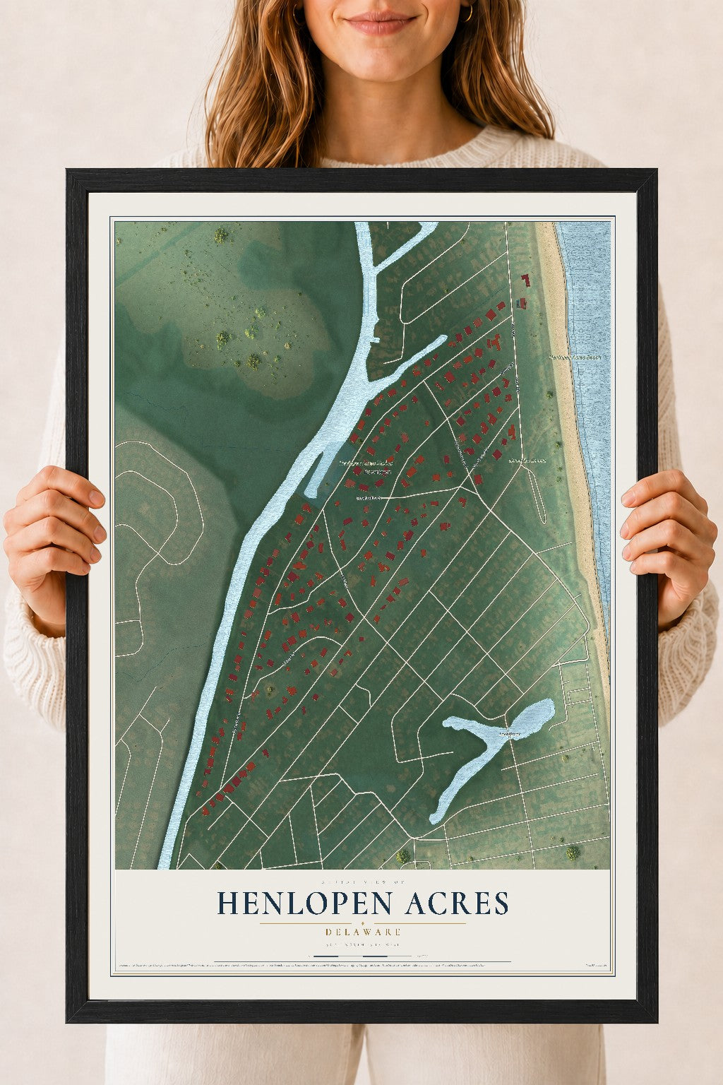 Map of Henlopen Acres, Delaware, 18 x 24 inch print in a black wood frame