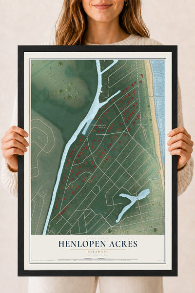 Map of Henlopen Acres, Delaware, 18 x 24 inch print in a black wood frame