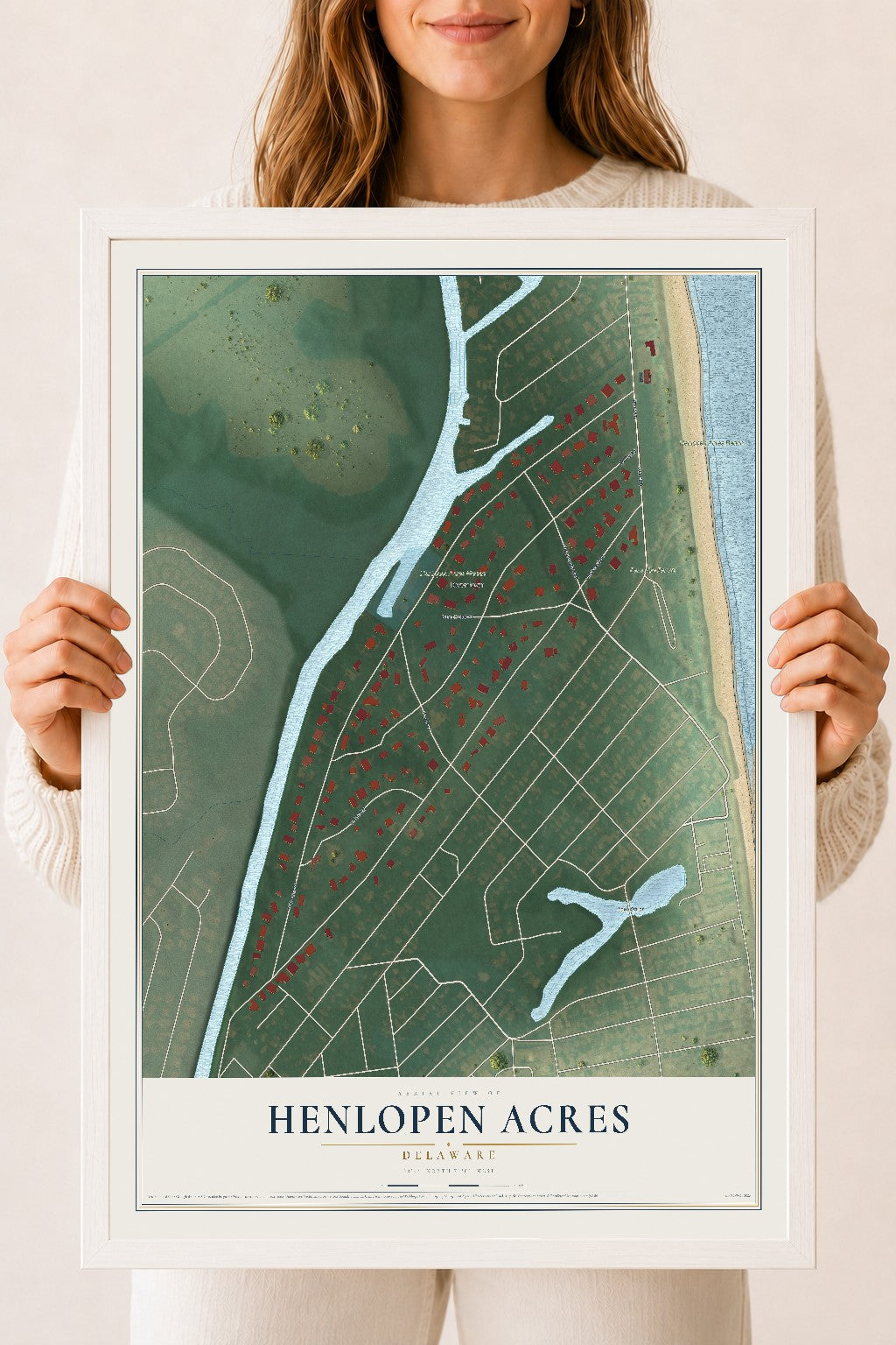 Map of Henlopen Acres, Delaware, 18 x 24 inch print in a white wood frame