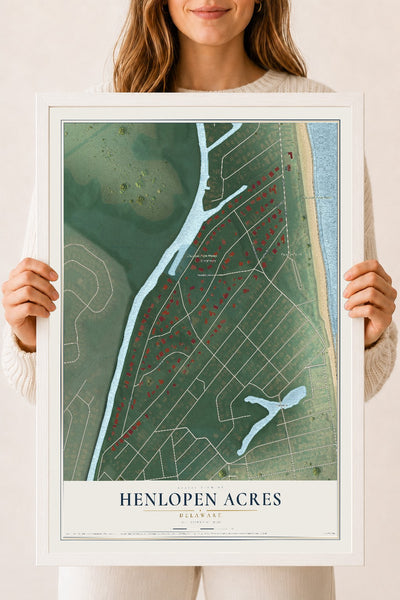 Map of Henlopen Acres, Delaware, 18 x 24 inch print in a white wood frame