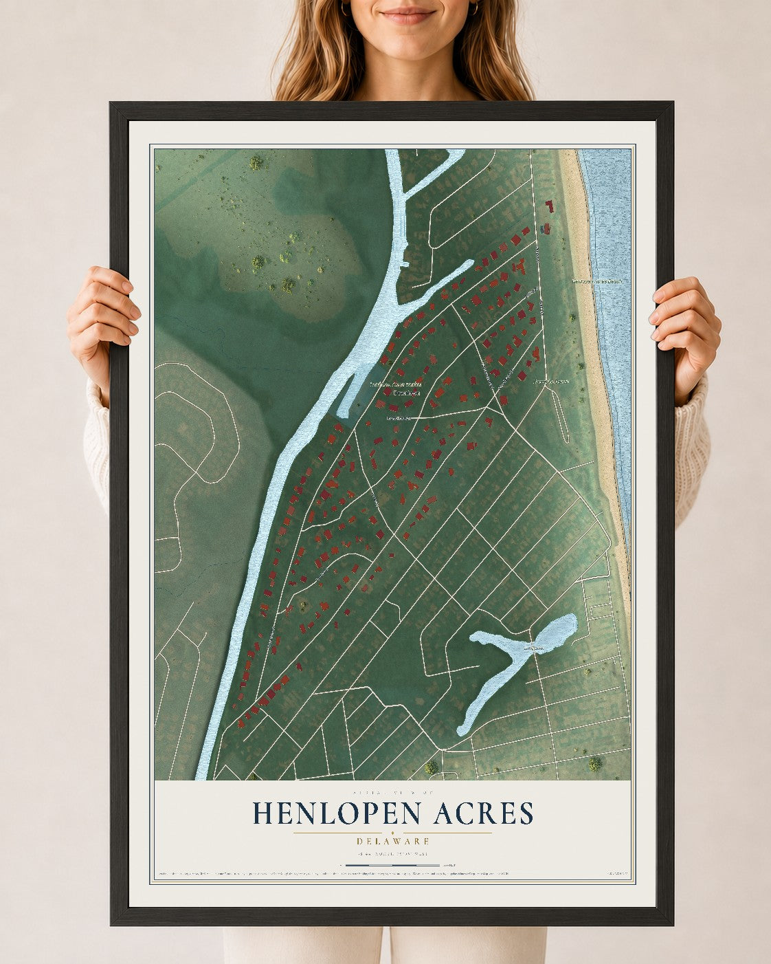 Map of Henlopen Acres, Delaware, 24 x 36 inch print in a black wood frame