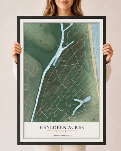 Map of Henlopen Acres, Delaware, 24 x 36 inch print in a black wood frame
