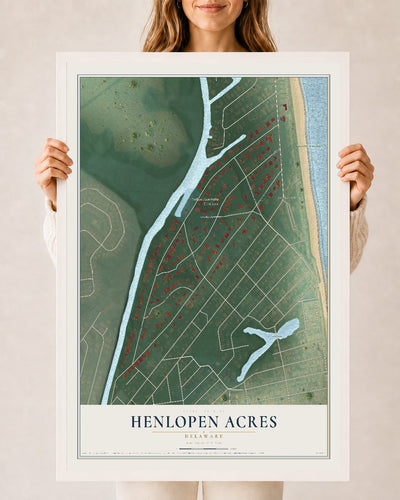 Map of Henlopen Acres, Delaware, 24 x 36 inch print in a white wood frame
