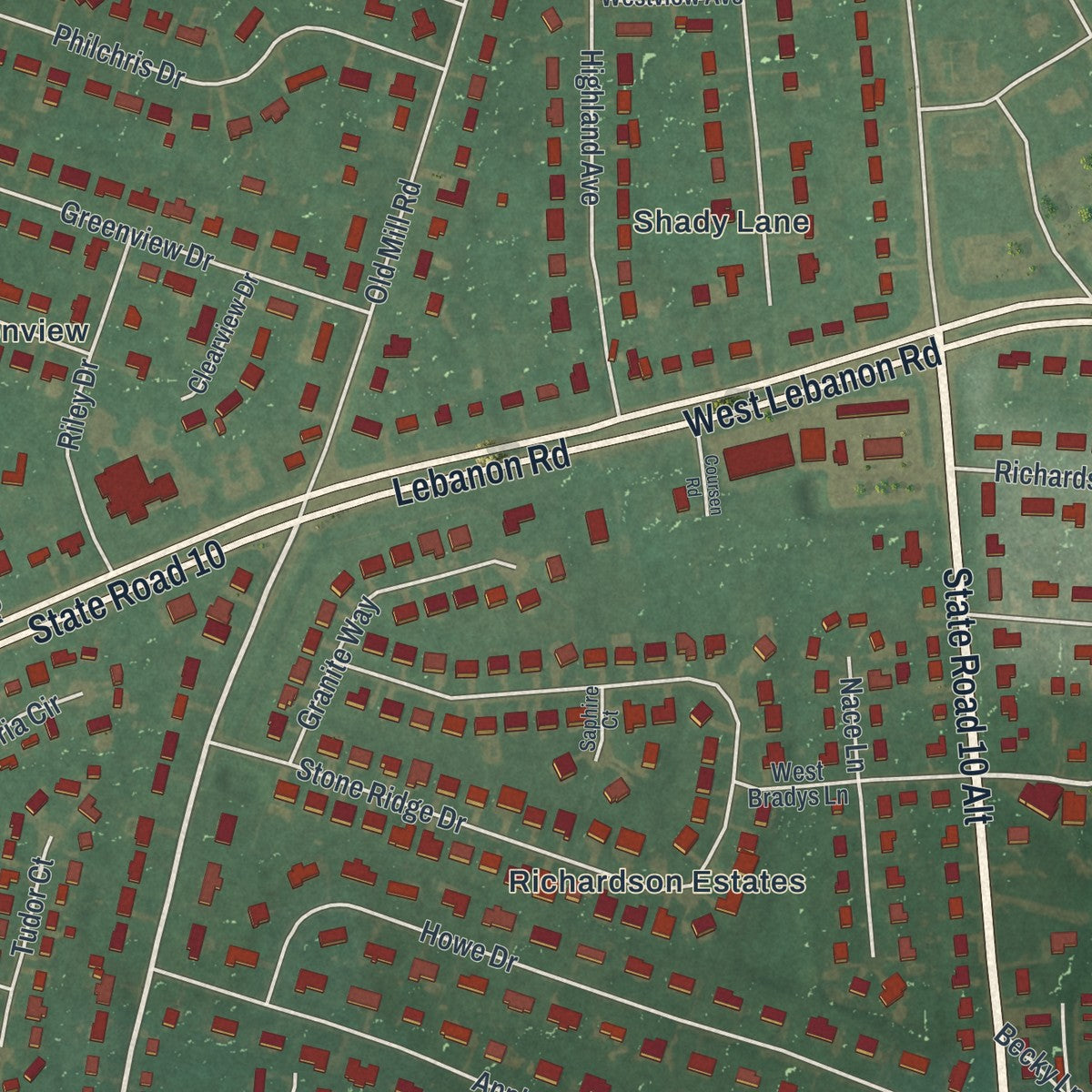 Close-up of the map of Highland Acres, Delaware print showing street and building detail