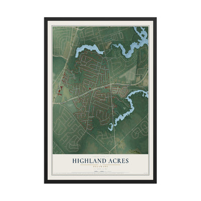 Map of Highland Acres, Delaware, 12 x 18 inch print in a black wood frame