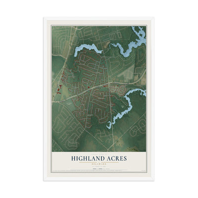 Map of Highland Acres, Delaware, 12 x 18 inch print in a white wood frame
