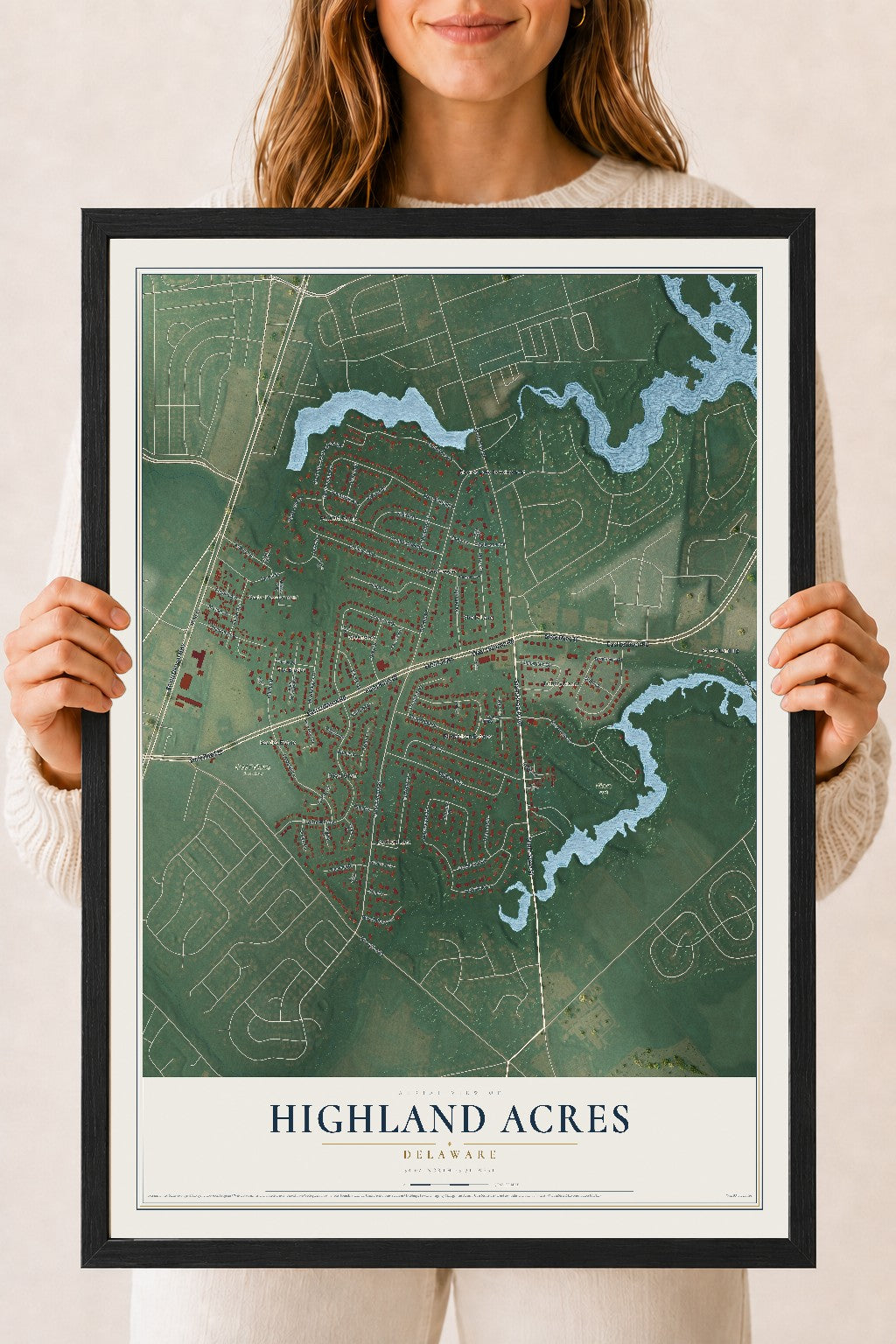 Map of Highland Acres, Delaware, 18 x 24 inch print in a black wood frame