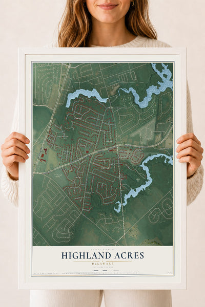 Map of Highland Acres, Delaware, 18 x 24 inch print in a white wood frame