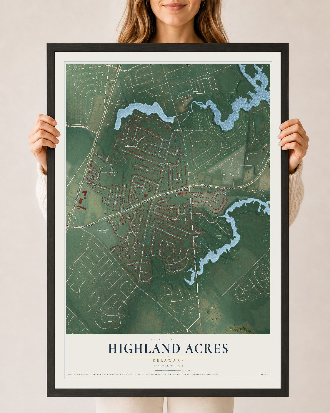 Map of Highland Acres, Delaware, 24 x 36 inch print in a black wood frame