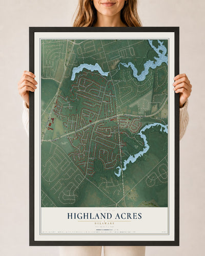 Map of Highland Acres, Delaware, 24 x 36 inch print in a black wood frame