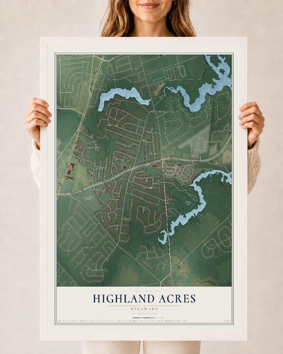 Map of Highland Acres, Delaware, 24 x 36 inch print in a white wood frame
