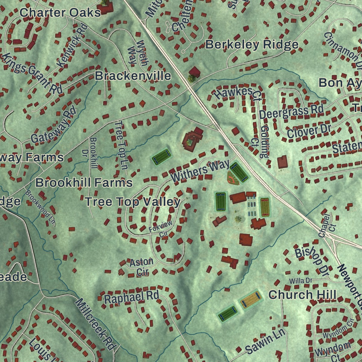 Close-up of the map of Hockessin, Delaware print showing street and building detail