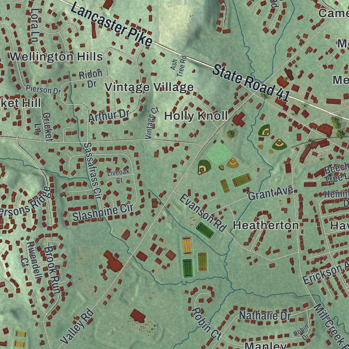 Second close-up of the map of Hockessin, Delaware print showing more streets and buildings