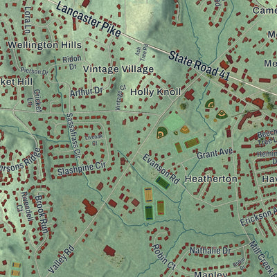 Second close-up of the map of Hockessin, Delaware print showing more streets and buildings