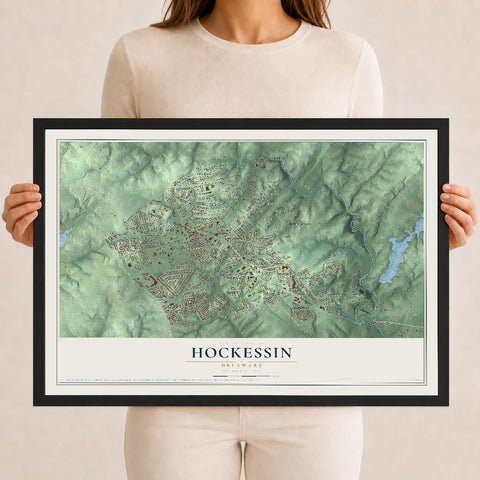 Map of Hockessin, Delaware, 12 x 18 inch print in a black wood frame