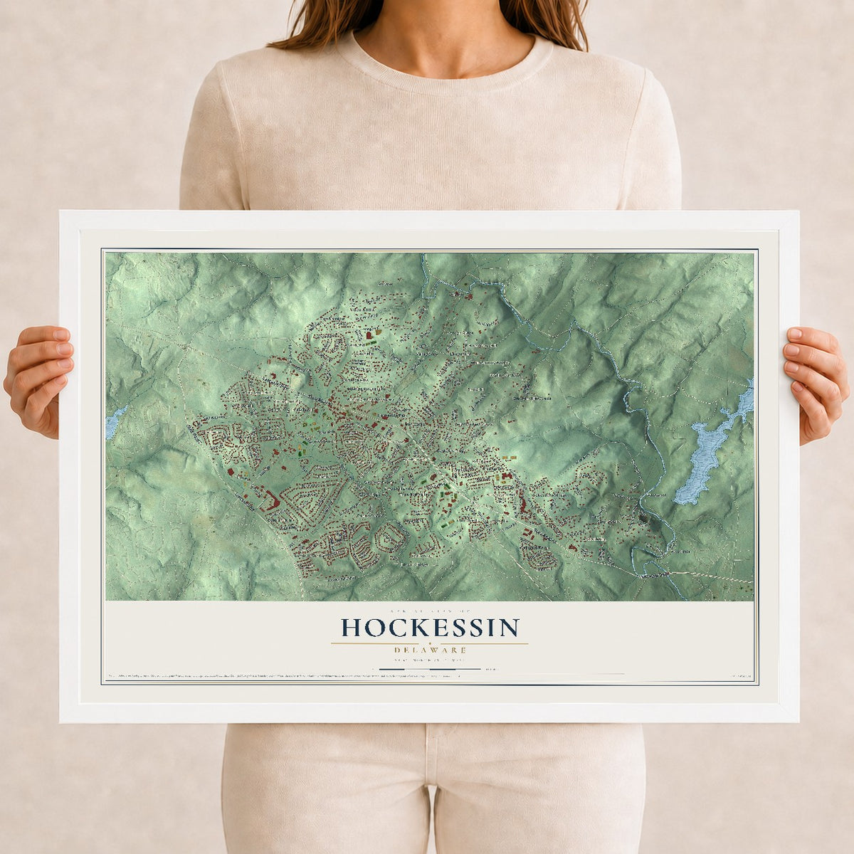 Map of Hockessin, Delaware, 12 x 18 inch print in a white wood frame