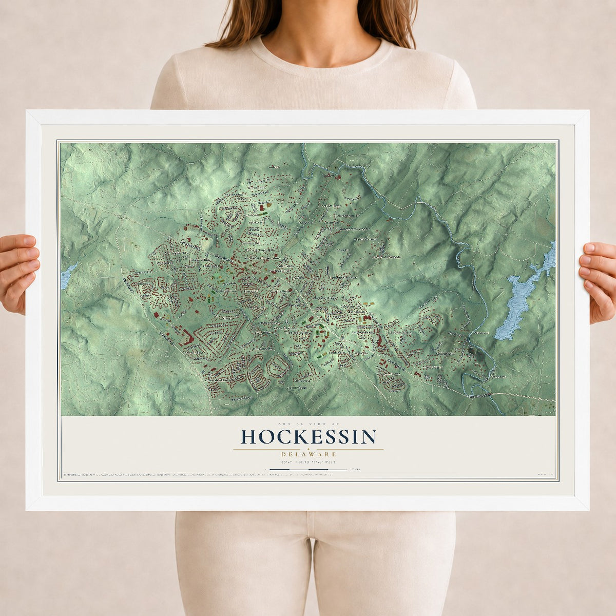 Map of Hockessin, Delaware, 18 x 24 inch print in a white wood frame
