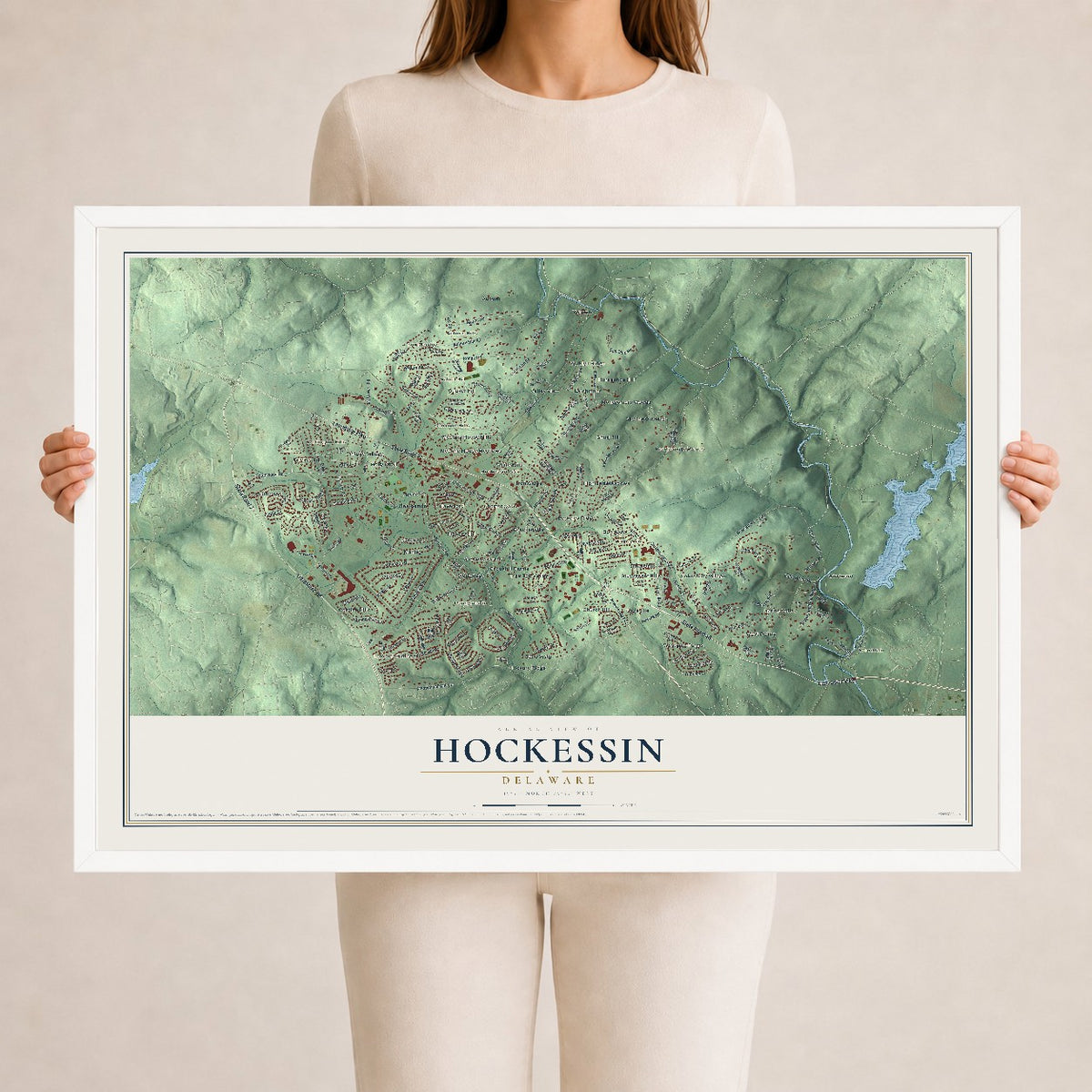 Map of Hockessin, Delaware, 24 x 36 inch print in a white wood frame