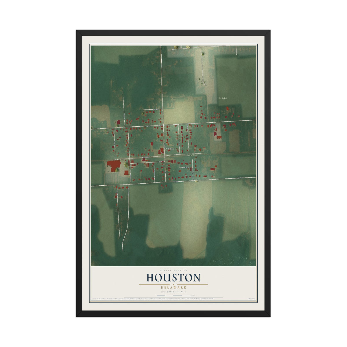 Map of Houston, Delaware, 12 x 18 inch print in a black wood frame