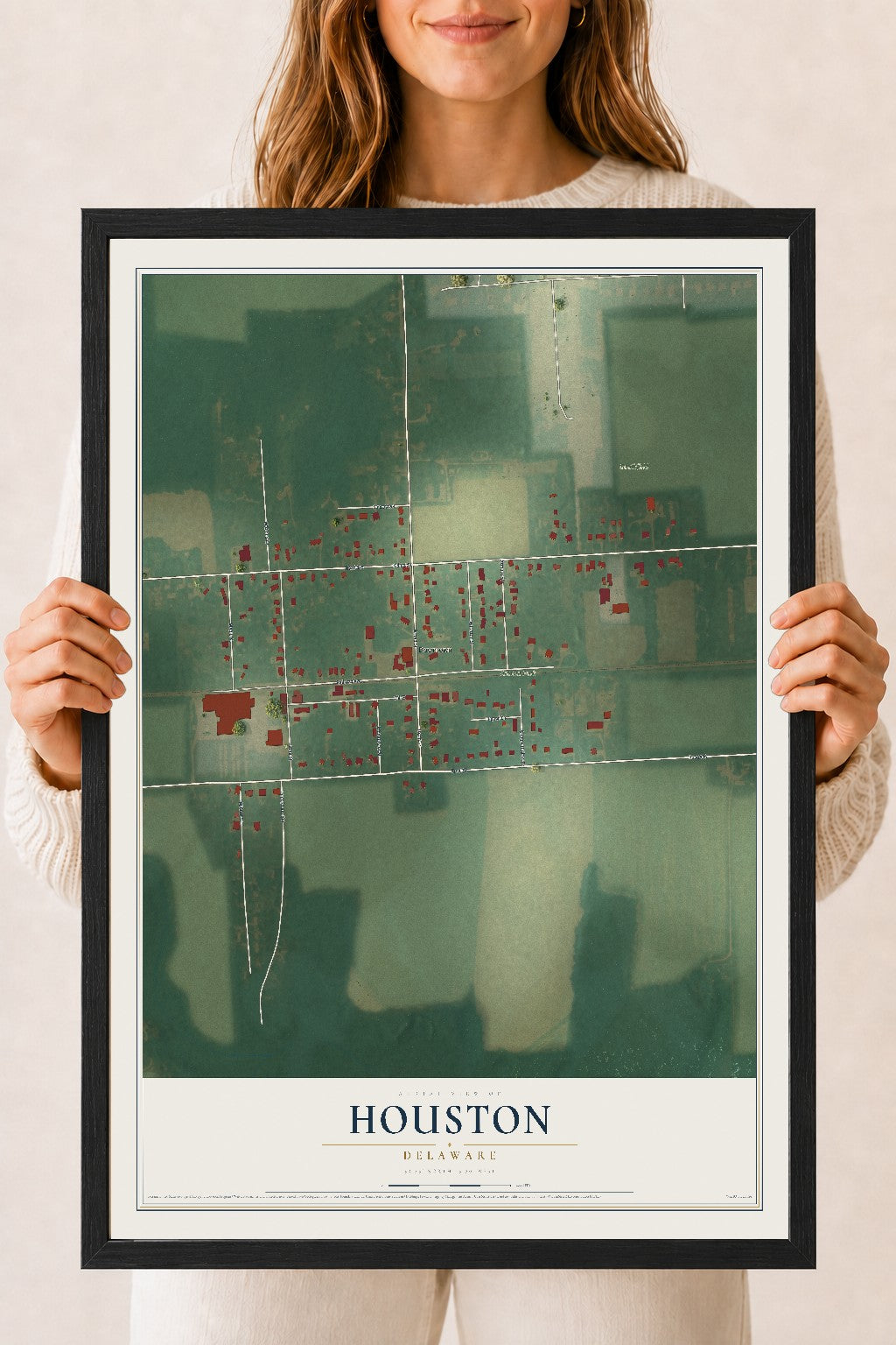 Map of Houston, Delaware, 18 x 24 inch print in a black wood frame