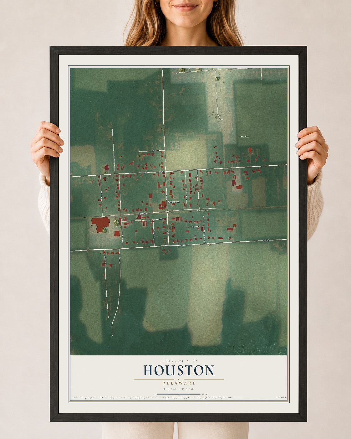 Map of Houston, Delaware, 24 x 36 inch print in a black wood frame