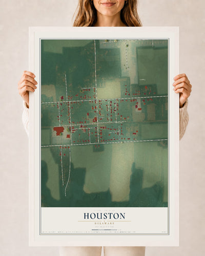 Map of Houston, Delaware, 24 x 36 inch print in a white wood frame