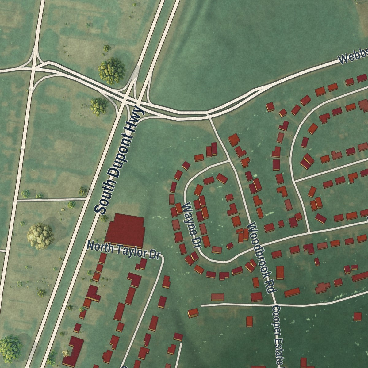 Close-up of the map of Kent Acres, Delaware print showing street and building detail